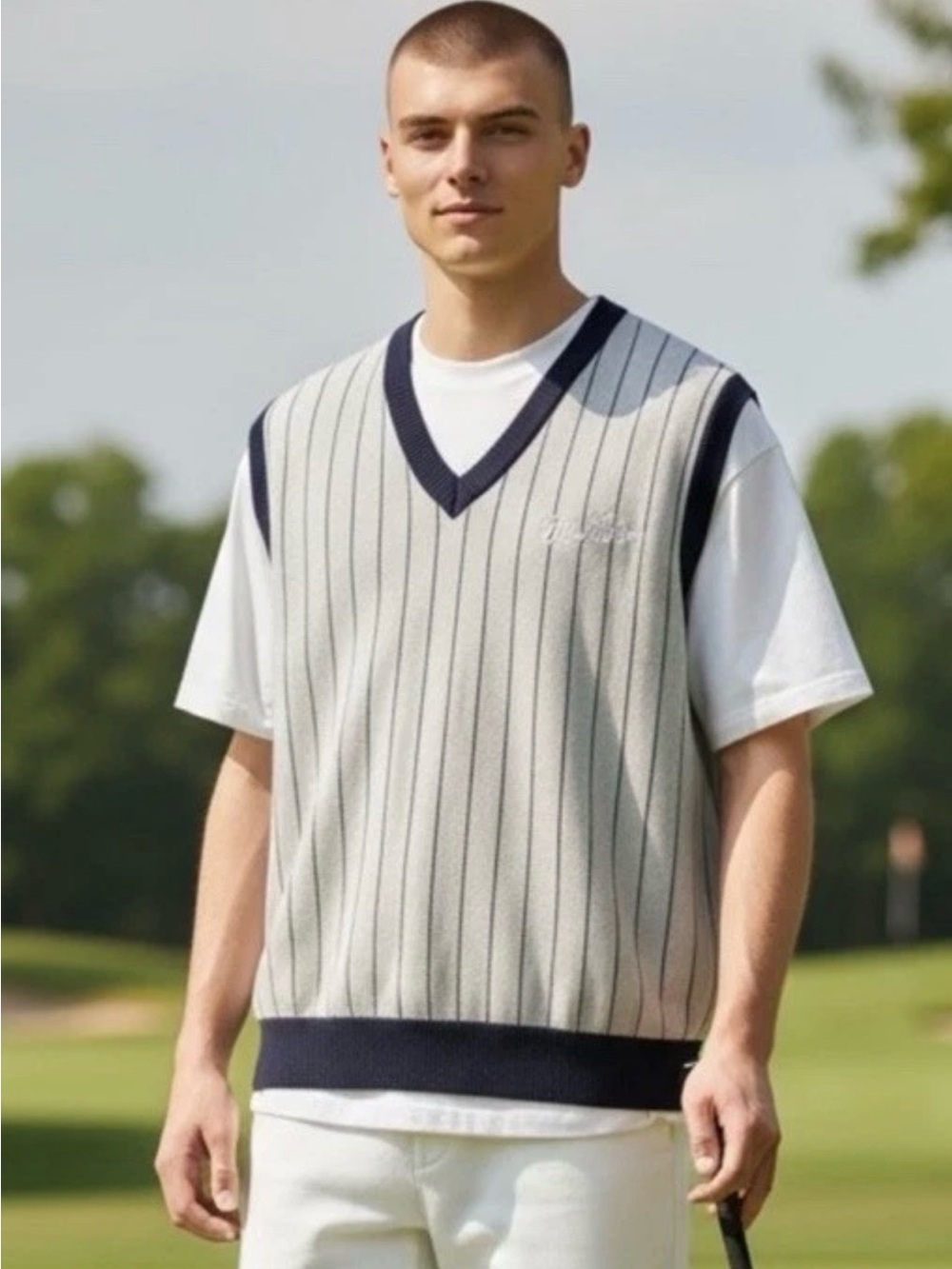 Bogey Boys v neck vest gray with navy pinstripes golf